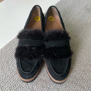 Franco Sarto Black Suede Lug Sole Fur Trim Loafer Size 9 NWT